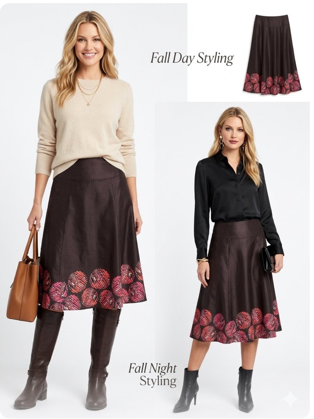 Madison Blrown Midi Skirt with Coral Printed Hem